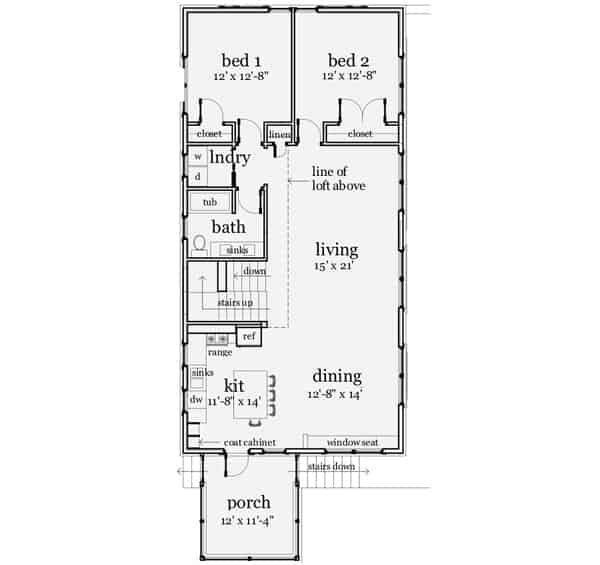 3间卧室的两层现代谷仓公寓的主要楼层平面图，设有门廊，厨房，用餐区，客厅，洗衣房和两间卧室共用的浴室。