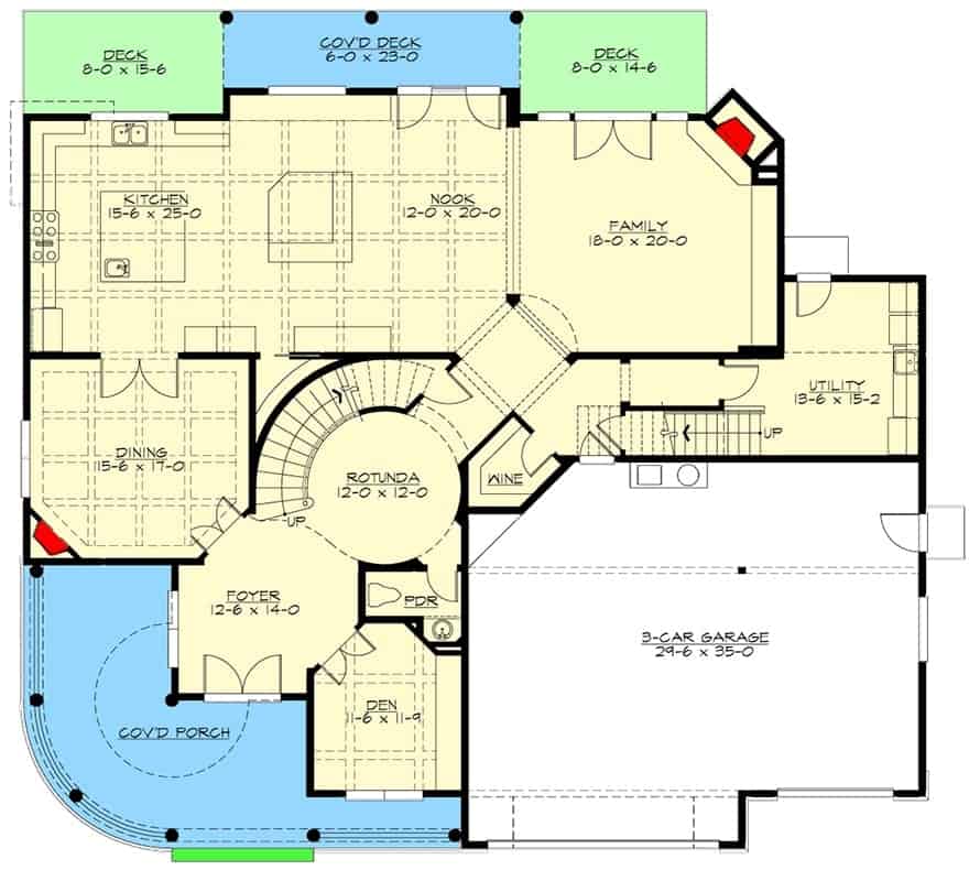 四卧室两层科德角住宅的主平面平面图，设有开放式厨房和家庭活动室，大型正式餐厅，酒窖，有盖门廊和后甲板。