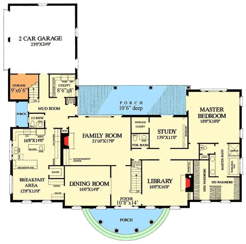 主层平面图有图书馆、正式餐厅、家庭娱乐室、书房、厨房、主套房和一个通往2车位车库的储藏室。
