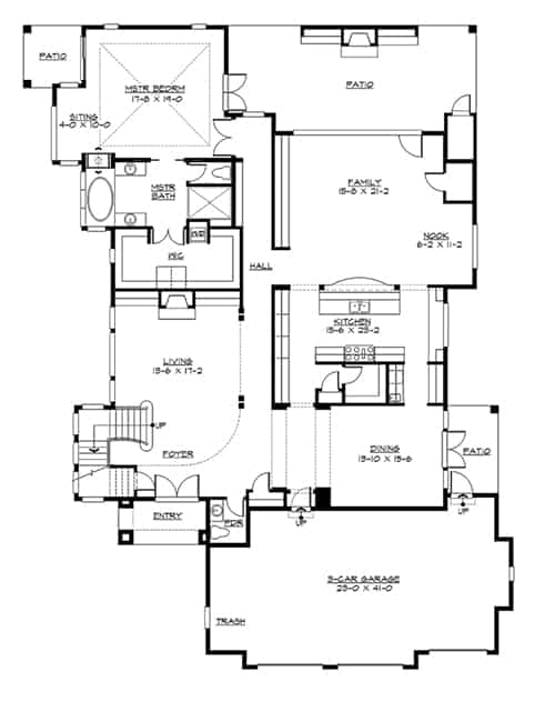 四卧室两层楼Willowcrest住宅的主要层平面图，设有客厅，主要套房，正式餐厅，厨房和可直接通往后露台的家庭娱乐室。