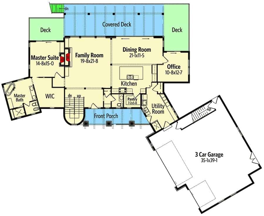 4间卧室的两层工匠住宅的主层平面图，带有倾斜的车库，家庭娱乐室，办公室，公用设施和可进入后甲板的主要套房。