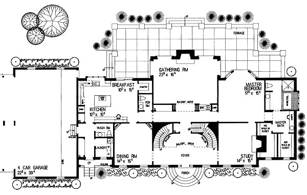 5间卧室的两层宏伟格鲁吉亚住宅的主层平面图，带有书房，正式餐厅，洗衣房，厨房，会客室和可私人进入露台的主要套房。