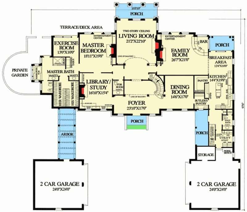 一个6间卧室的两层格鲁吉亚庄园的主层平面图，带有正式的餐厅，图书馆/书房，带酒吧的家庭活动室，厨房，带健身房的主要套房，以及许多户外空间，包括门廊，甲板区和私人花园。