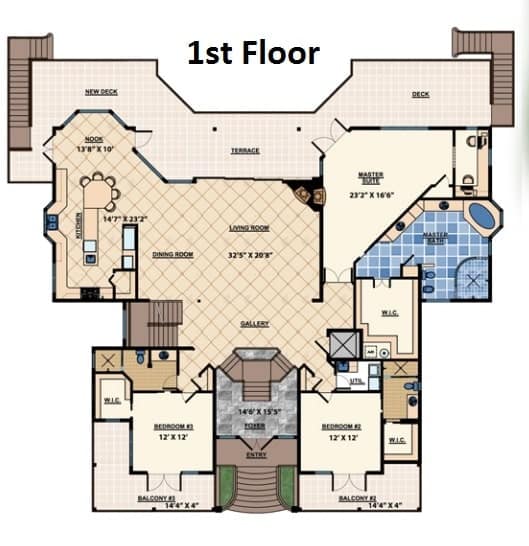 海洋梦想之家的主要楼层平面图，设有客厅、餐厅、厨房、两间卧室和一间可直接通往露台和甲板的主套房。