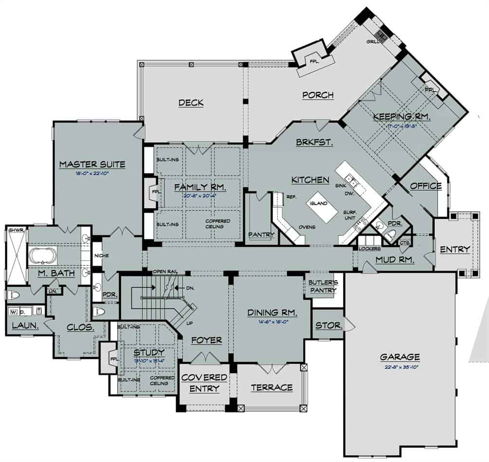 两层四卧室Ford Creek Home的主要楼层平面图，设有正式餐厅，管家，书房，家庭娱乐室，家庭办公室和宽敞的厨房，带步入式食品储藏室和早餐室。
