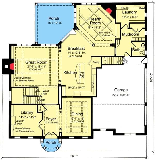 两层四卧室的格鲁吉亚住宅的主要楼层平面图，设有门厅，正式餐厅，图书馆，大房间，壁炉室和带早餐角和步入式食品柜的厨房。