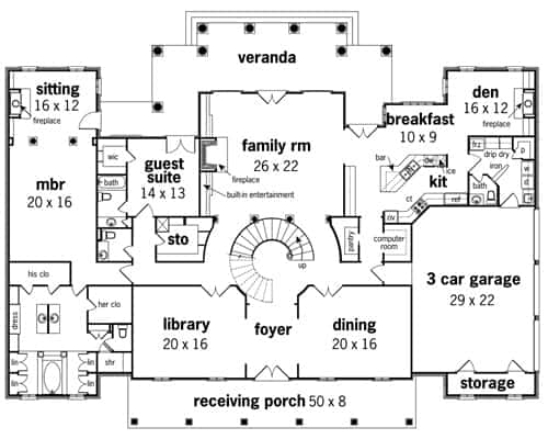 主级两层的平面图位于木兰客厅的地方,图书馆,书房,厨房角落,客人套房,和主卧室与客厅和直接访问的阳台。