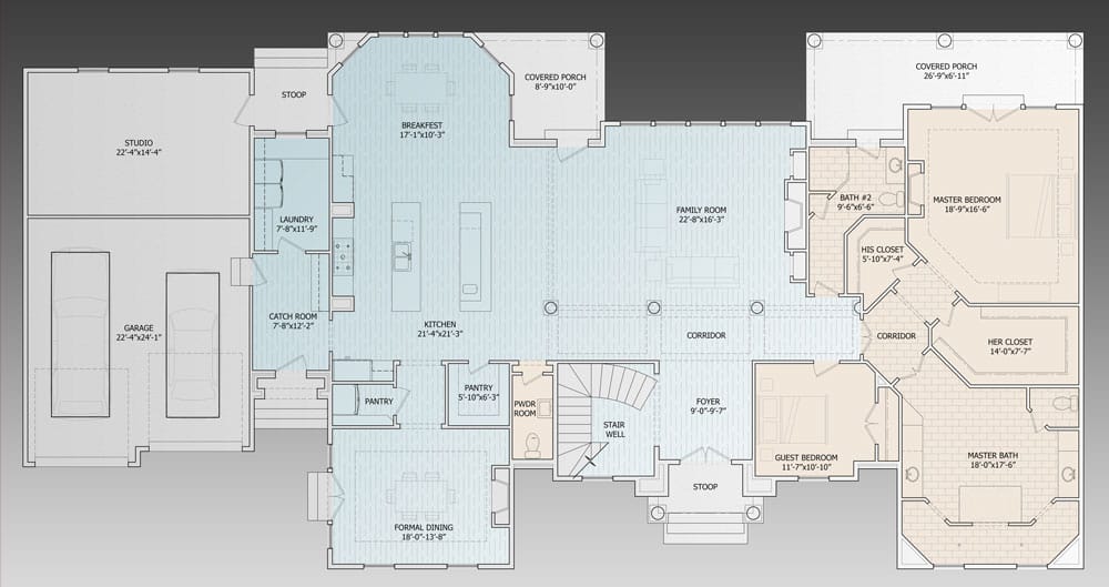 两层五卧室伊丽莎白宫豪华住宅的主层平面图，带有家庭活动室，厨房，早餐角，步入式食品储藏室，正式餐厅，catch room，洗衣房，工作室，客房和可直接通往有盖门廊的主要套房。