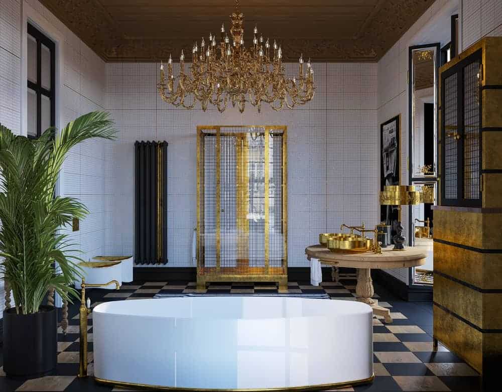 主浴室有着独特的折衷风格，优雅的白色独立浴缸在黑色格子地板的映衬下显得格外突出。