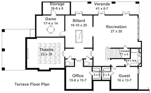 可选完成较低的地下室平面图与客房，家庭办公室，剧院娱乐室，和游戏室与存储。