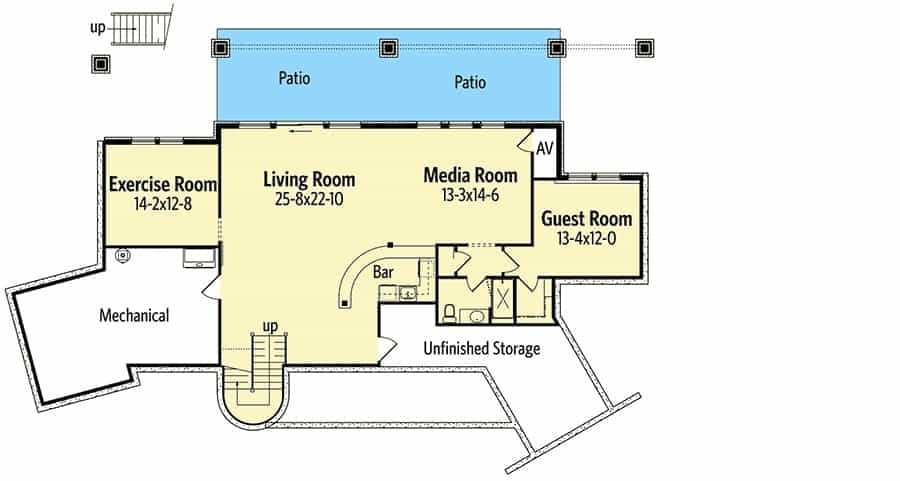 可选的低层平面图，设有健身房，客房，媒体室和带湿酒吧的客厅。