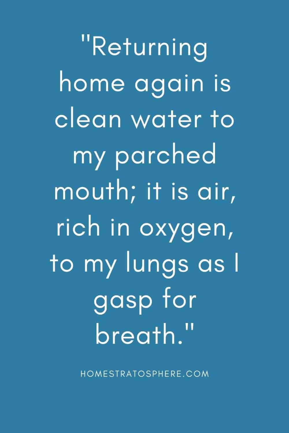 “回家对我干渴的嘴来说是干净的水;当我喘不过气来的时候，它是充满氧气的空气。”