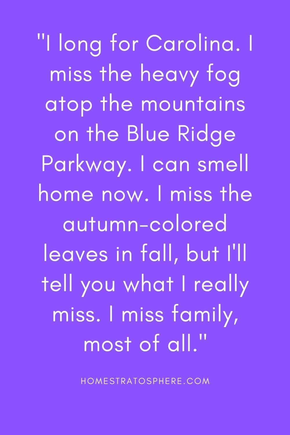 “我渴望卡罗莱纳。我想念蓝岭公园路上山顶上的浓雾。我现在能闻到家的味道了。我在秋天想念秋天的树叶，但我要告诉你我真正想念的是什么——我最想的是家人。”