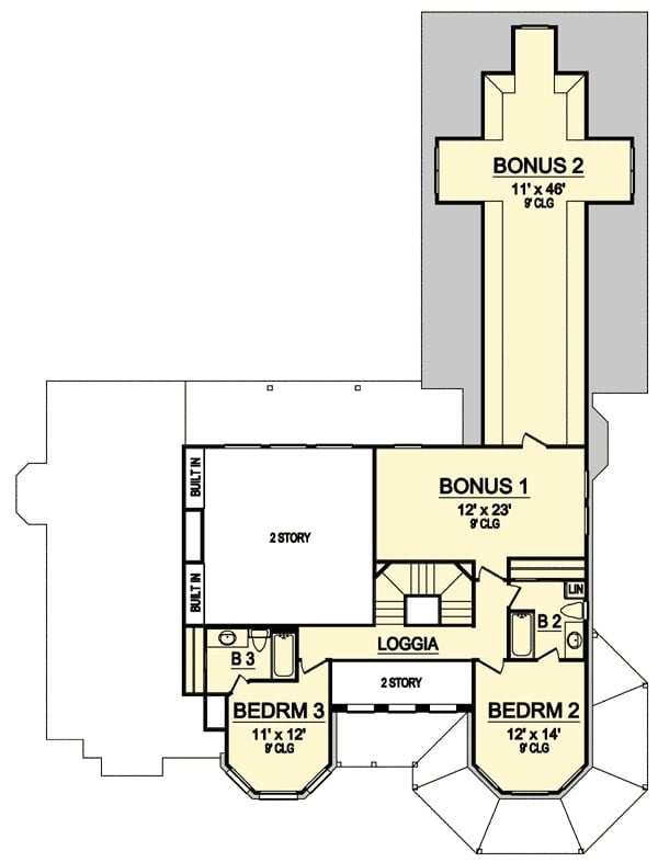 二层平面图有两间奖励房间和两间卧室，每间都有私人浴室。