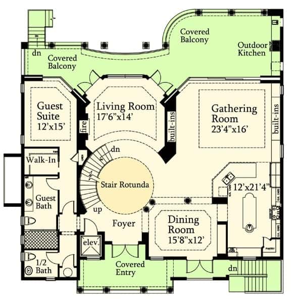 二层平面图，带顶棚的入口，正式餐厅，会客室，客厅，客房，半浴室和带室外厨房的宽敞顶棚阳台。