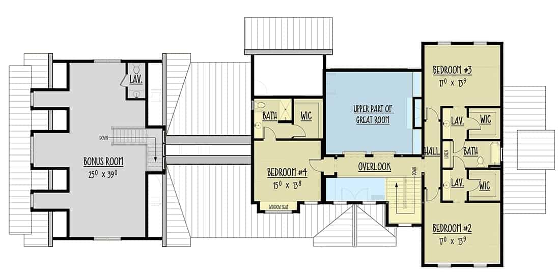 二层平面图有三间额外的卧室，每间都有自己的浴室和衣柜，车库上方还有一间大的额外房间。