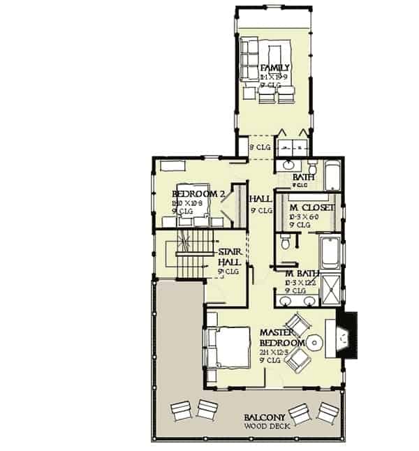 三层平面图有额外的卧室和浴室，孩子们的上下铺，有顶棚的走廊和阳台。
