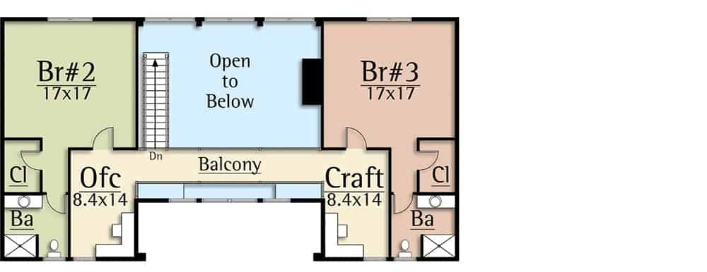 二楼平面图有两间额外的卧室和一个阳台，两侧是办公室和工艺室。