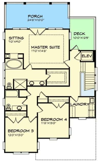 二层平面图设有洗衣区、两间额外的卧室和一间带休息区的主套房，可直接通往后门廊。