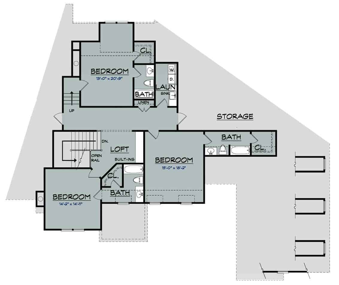 二层平面图，开放式阁楼，洗衣房，三间卧室，有自己的浴室和步入式衣柜。