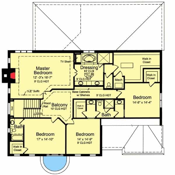 二层平面图有三间卧室和一个围绕上层阳台的主要套房。