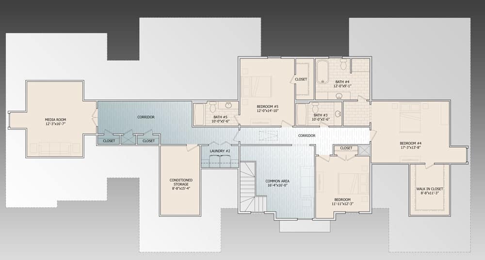 二层平面图有三间卧室，一间媒体室和一间带空调的储藏室。