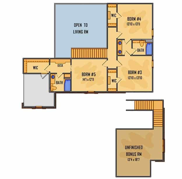 二层平面图有未完成的奖励房间和三间额外的卧室，其中两间共用杰克和吉尔浴室，另一间有私人浴室。