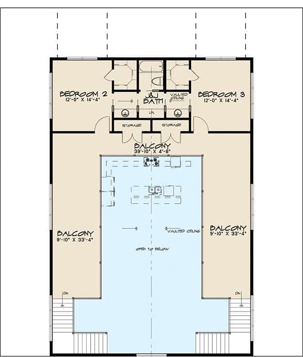 二层平面图设有储藏室，另外两间卧室共用一间杰克和吉尔浴室，还有一个u型阳台，可以俯瞰主要的起居空间。