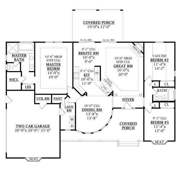 三卧室单层Jasper II住宅的主楼层平面图，设有大房间，厨房，餐厅，早餐角，洗衣房和三间卧室，包括主套房。