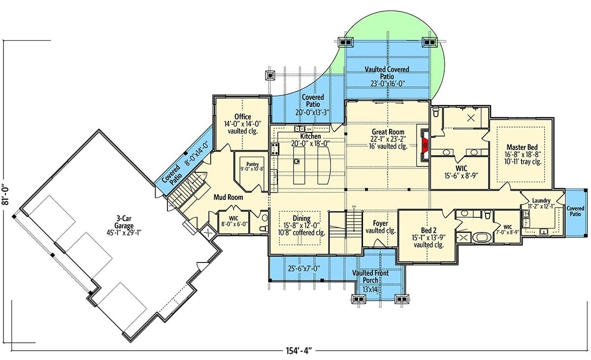 三卧室单层山地牧场住宅的主要楼层平面图，设有大房间，共享餐厅和厨房，办公室，储藏室，洗衣房和两间卧室，包括主要套房。