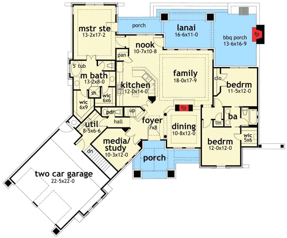 3间卧室的两层工匠住宅的主层平面图，带有家庭娱乐室，正式餐厅，媒体/书房，杂物间，两间卧室和一间带门廊的主套房。