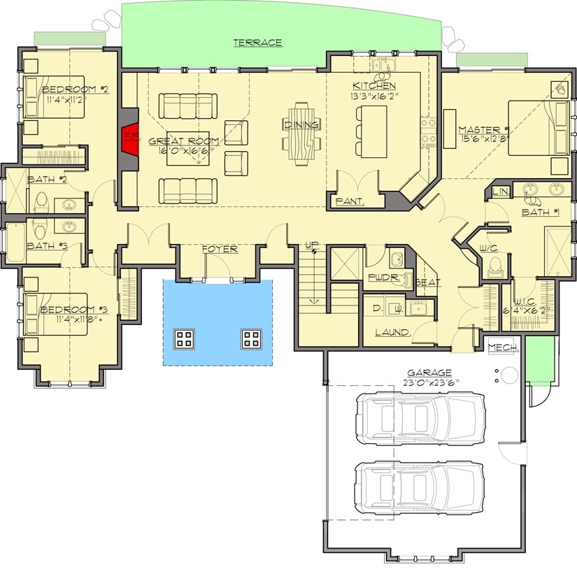 4间卧室的两层山工匠住宅的主要楼层平面图，设有大房间，共享餐厅和厨房，洗衣房，两间卧室和一间可直接通往后方露台的主要套房。