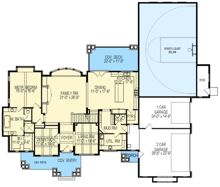 主级平面图的奥两层西北与入口和天井,客厅,窝/研究,家庭房间,初级套房,和共享的餐厅和厨房访问后甲板。