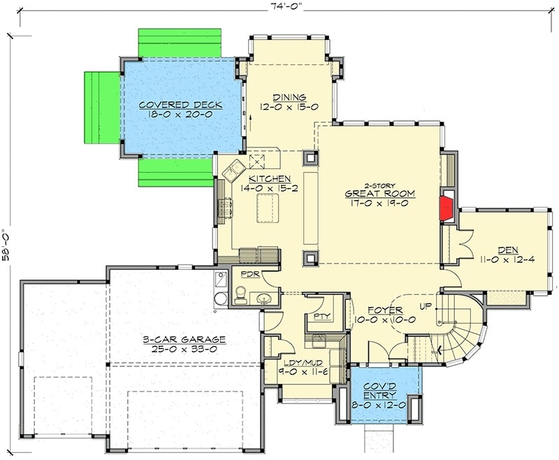 西北一栋两层三卧室住宅的主层平面图，带有一个大房间，一个书房，洗衣房，厨房和餐厅，通往有顶棚的甲板。