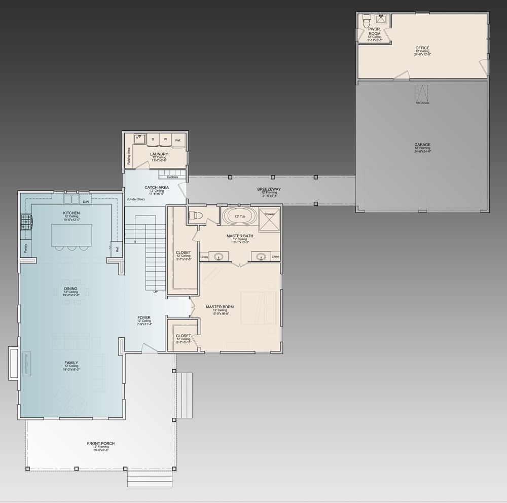 英格尔斯(Ingalls)住宅的两层三卧室的主层平面图，带有环绕式门廊、家庭娱乐室、共享餐厅和厨房、主要套房、洗衣房和一个可以通往通往独立的带办公室和盥洗室的两车位车库的走廊的集合区。