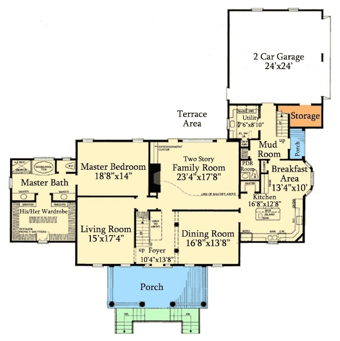主级的平面图twp-story位于殖民与正式的餐厅,客厅,两层高的客厅、主套房,杂物间,厨房和储藏室早餐区。
