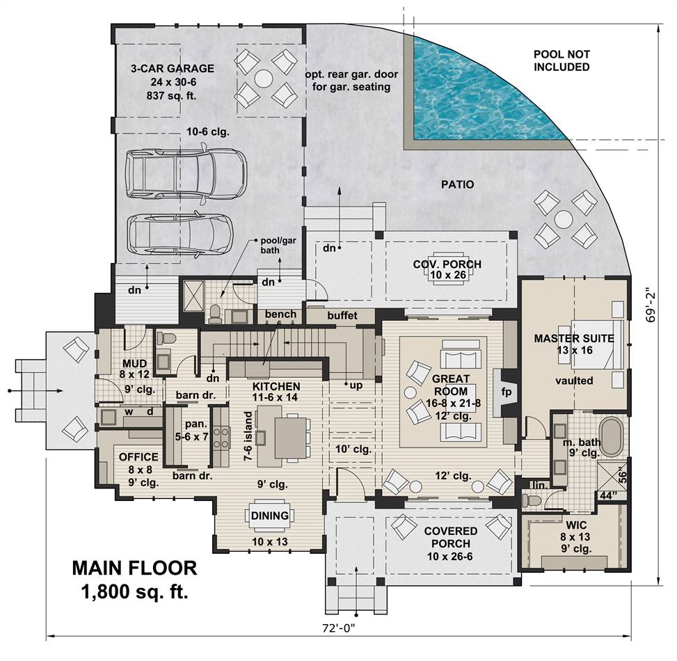 两层四卧室农舍的主层平面图，带有带顶棚的前廊，大房间，共享餐厅和厨房，办公室，以及带露台的主要套房。
