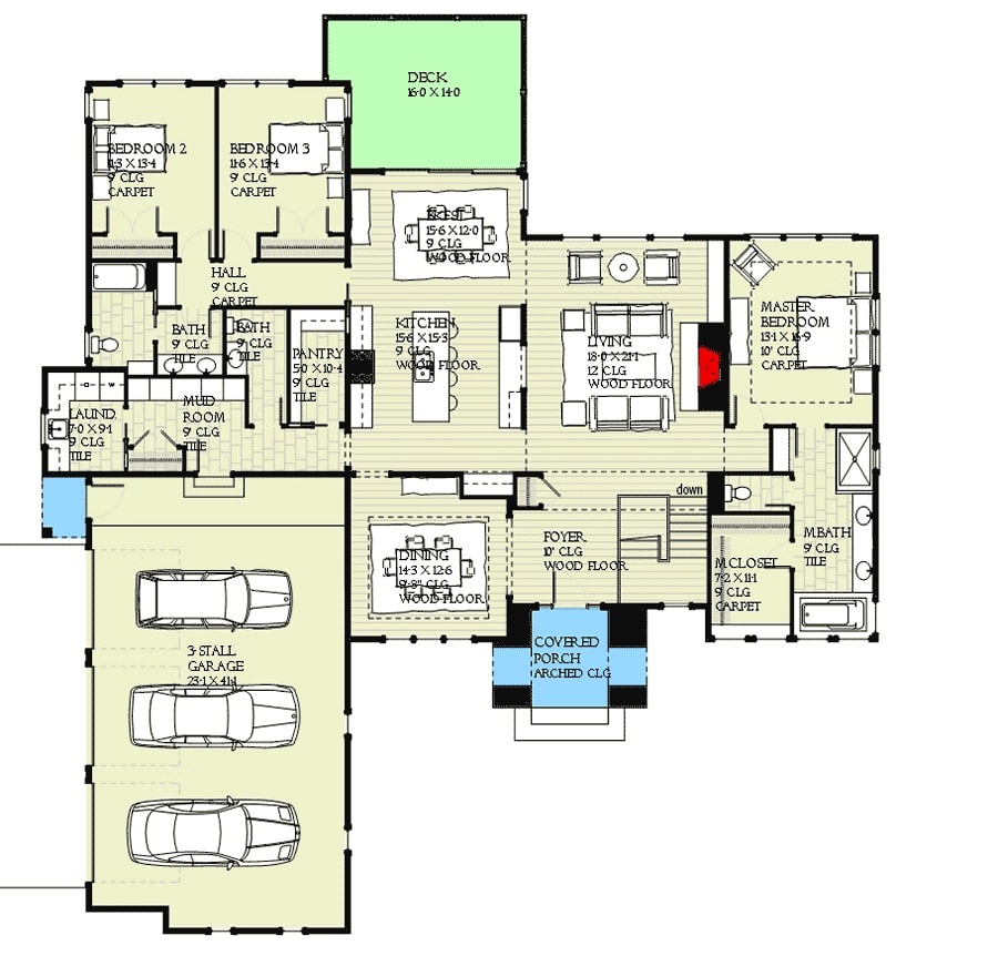 主级平面图的单层5-bedroom都铎与客厅,正式饭厅,一个主套房,两间卧室,一个厨房间储藏室和一个早餐角落。