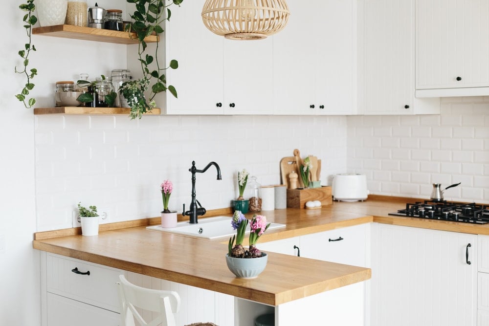 白色的小厨房木质台面和室内植物。