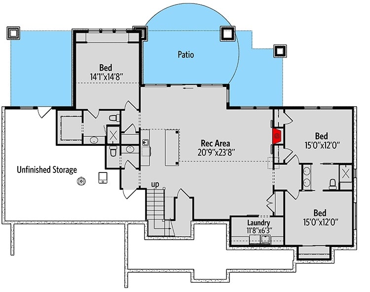 可选的较低楼层平面图，有三个额外的卧室，洗衣房和一个由壁炉温暖的大型娱乐室。