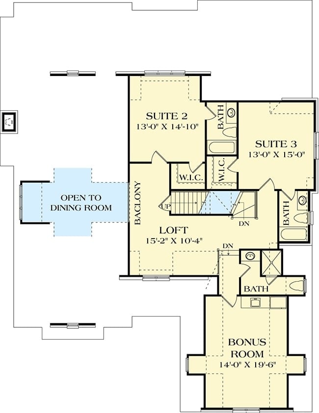 与阁楼二层平面图,两间卧室套房,奖金附近有浴室的房间。