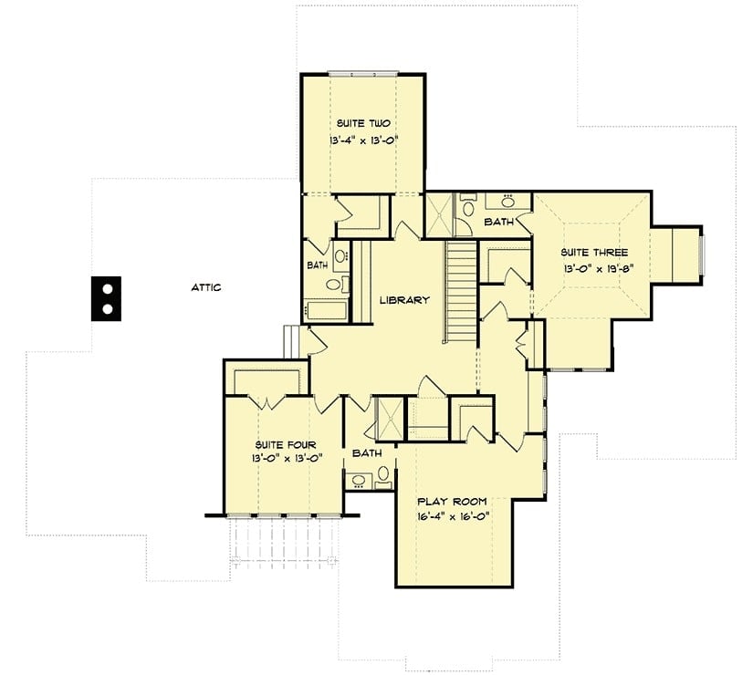 二级平面图与一个游戏室和三个卧室的套房周围的图书馆。