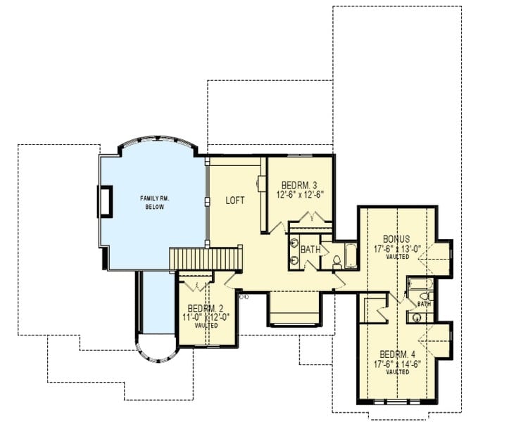 阁楼二层平面图,三个卧室,和一个拱形奖金的房间。