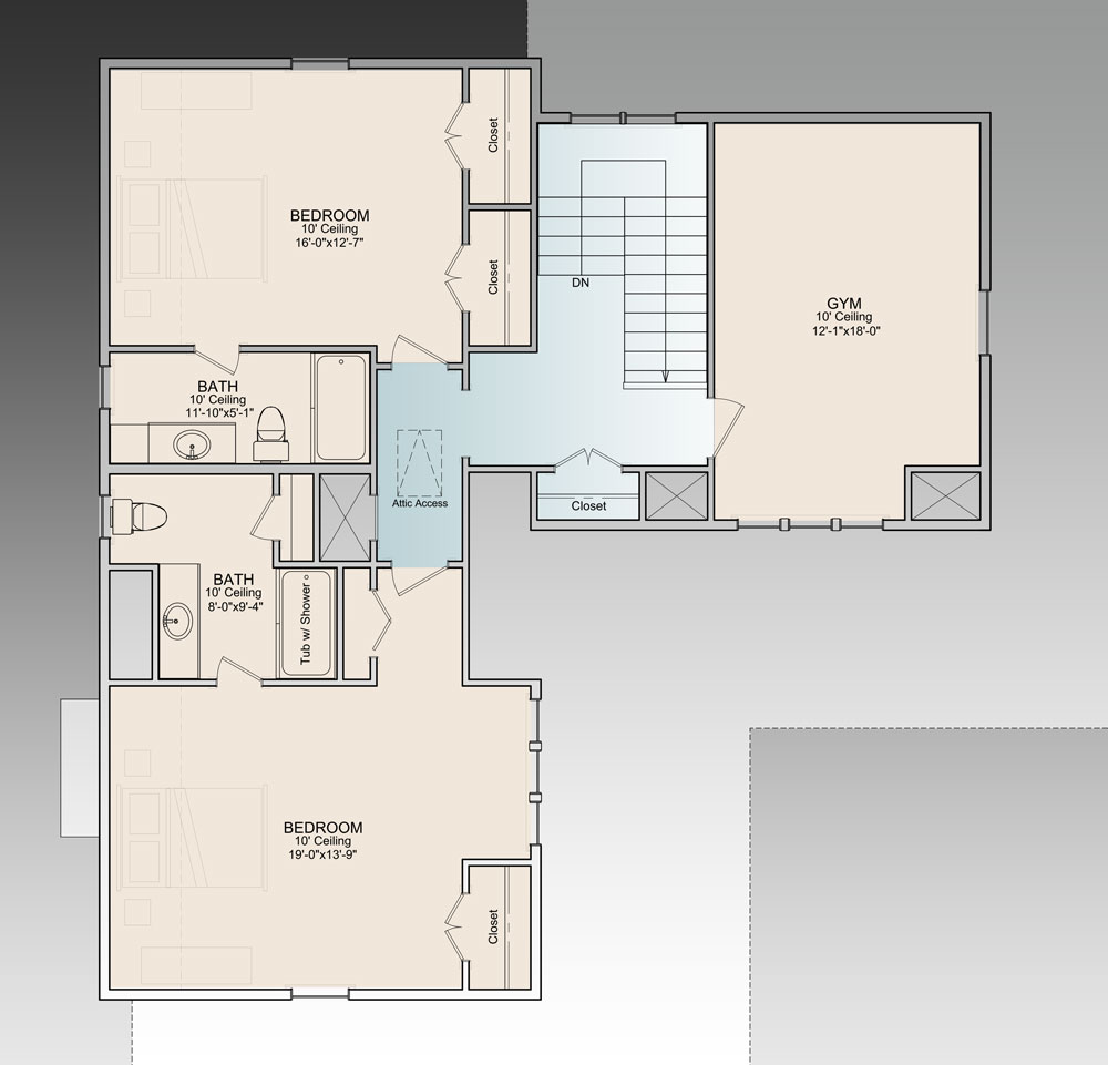 二层平面图有健身房和两间卧室，每一间都有自己的浴室和衣柜。