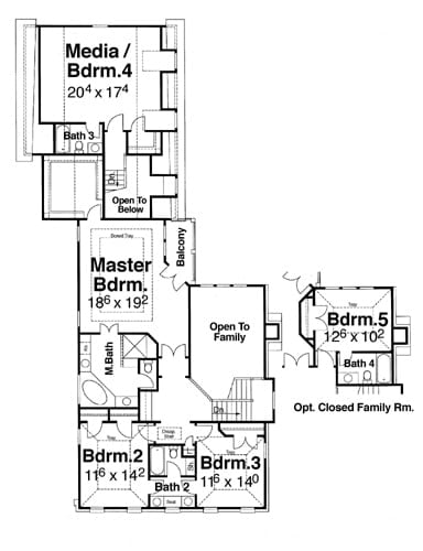 二级平面图与主套房,三个卧室,一个可以变成一个媒体室,和一间卧室可选关闭家庭房间。