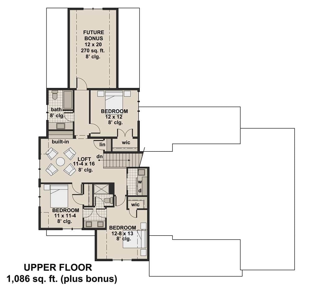 二层平面图，有三间卧室和一个大的未来奖励房间。