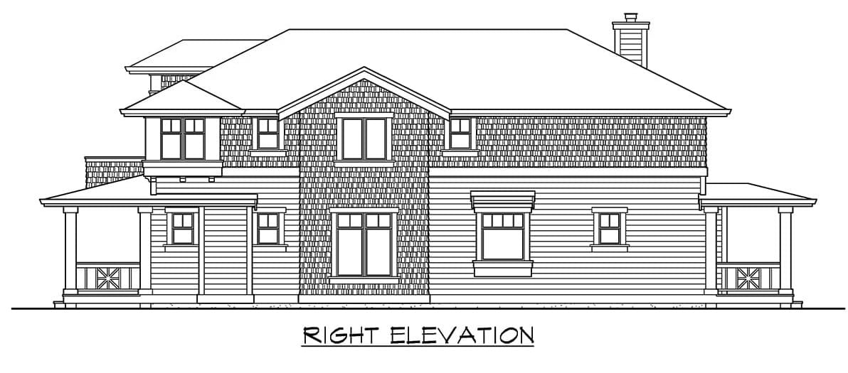 3间卧室的两层工匠住宅的右立面草图。