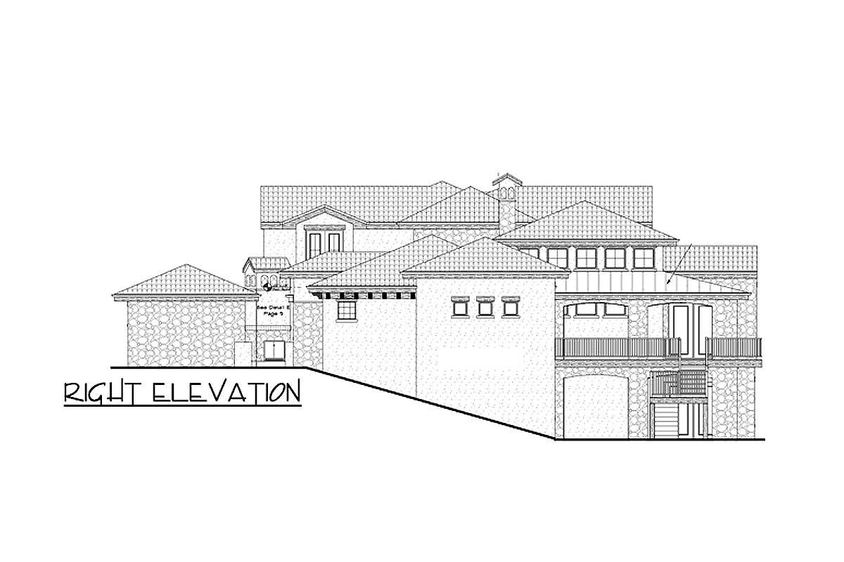 右视图的素描5-bedroom两层高的托斯卡纳别墅。