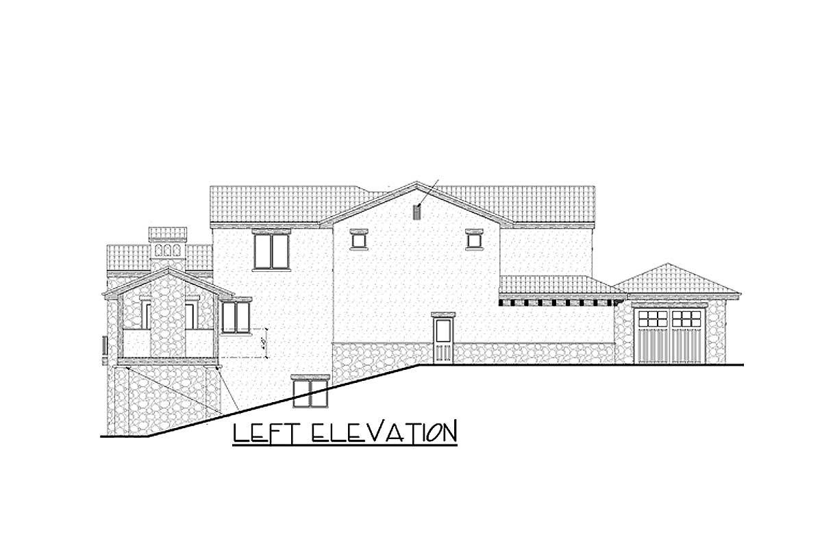 左视图5-bedroom两层高的托斯卡纳别墅的草图。