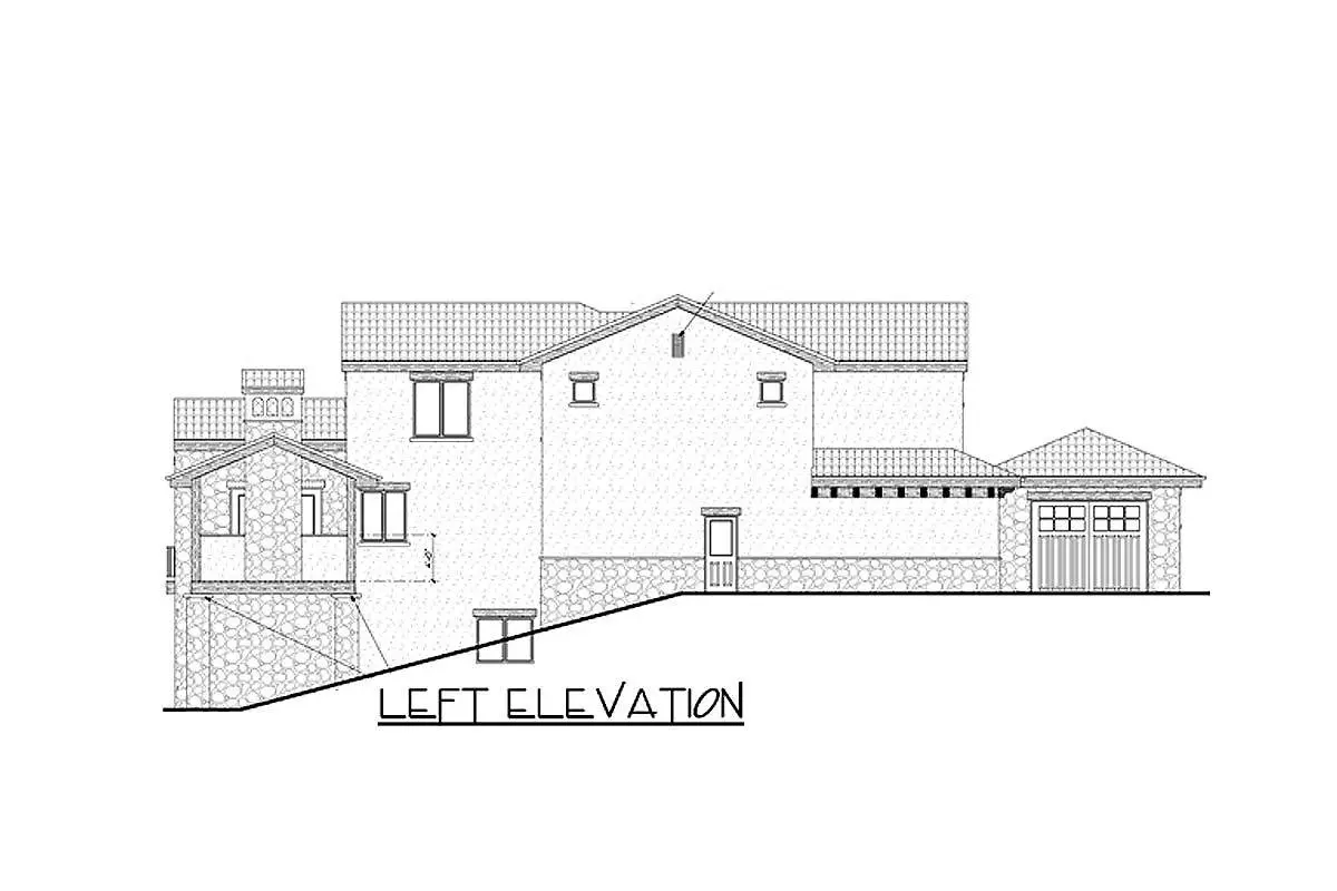 左视图5-bedroom两层高的托斯卡纳别墅的草图。